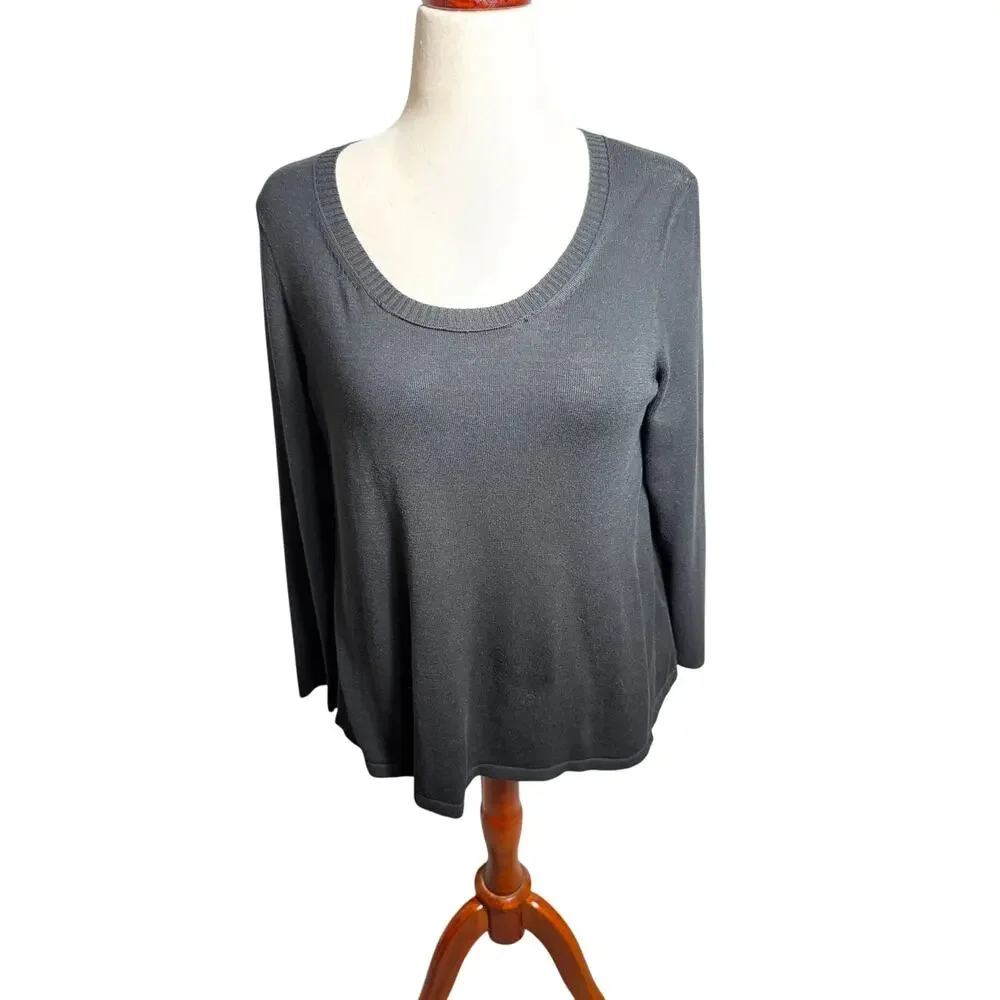 Eileen Fisher silk blend scoop neck black long sleeve sweater back pleat Sz Med
